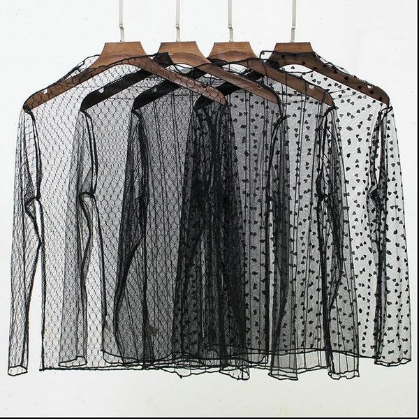 

2021 women summer hollow out mesh gauze voile basic shirt vintage embroidery star snow polka dot elastic lace blouse, White