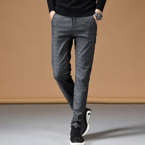 

new men's fit plaid pants business elastic waist trousers male black work stretch pants big size brand men clothing