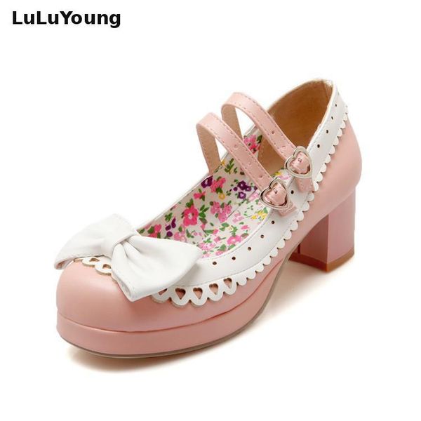 

dress shoes girls pink lolita cosplay 5cm high heel pu bow sy-2374, Black