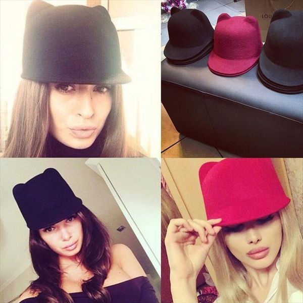

winter fashion women ladies devil hat brand cute cat ears wool derby bowler caps, Blue;gray