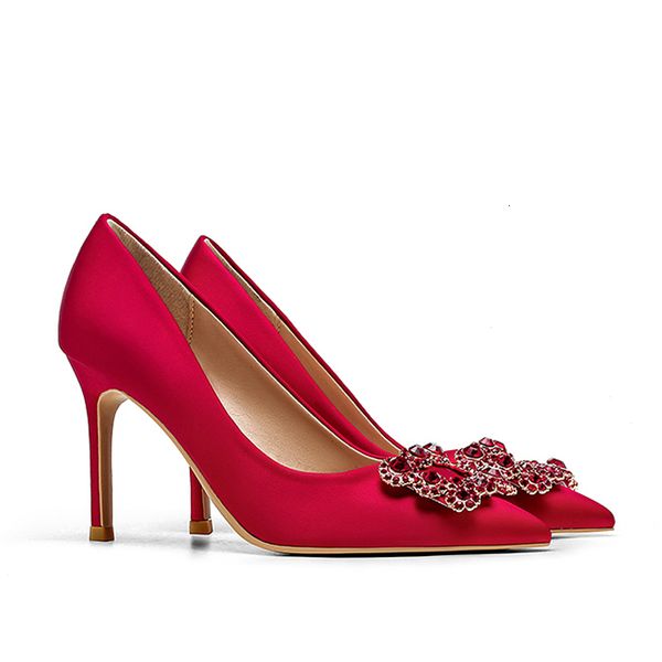 

red pumps satin strass button jewelry ponited toe heels high wedding party fashion shoe lady size 33-42 lcix, Black