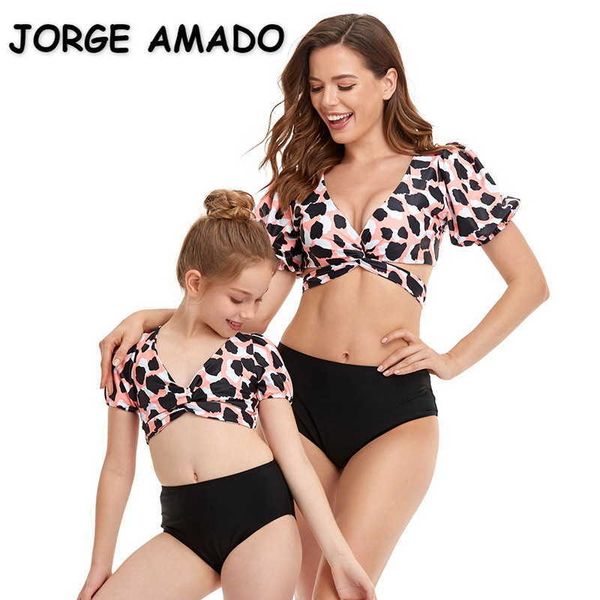 

summer family matching swimsuit 2pcs sets leopard print bikini floral triangle swimming pants mother daughter e2107 210610, Blue