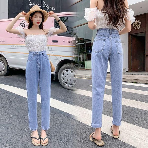 

women's jeans woman pants high waist autumn and winter fresh casual loose pantalones vaqueros mujer, Blue