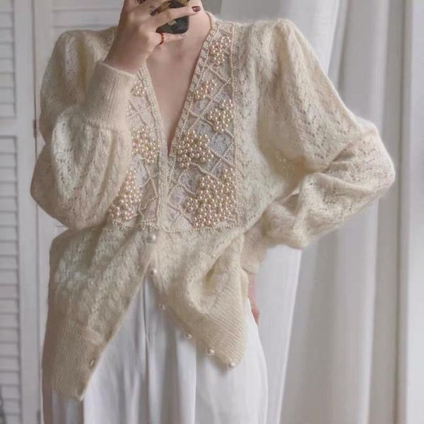 

women's knits & tees casual knitted cardigan 2021 autumn pearl inlaid mohair sweater coat wispy loose blouse fashion clothing, White