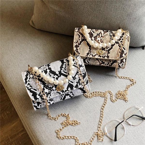 

cross body fashion ladies pearls decor snake print bags for women shoulder messenger handbags casual pu