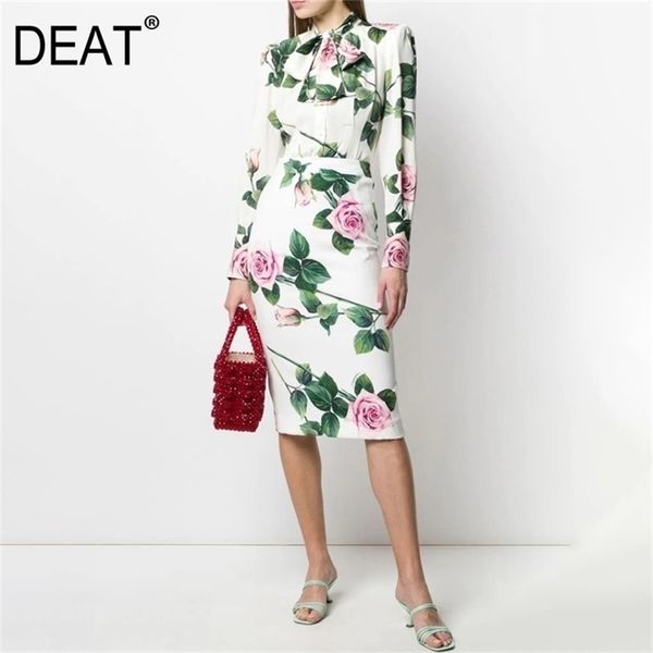 

[deat] summer fashion long sleeve stand-up collar shirt printing high waist skirts women two-piece suit 13c970 210527, White