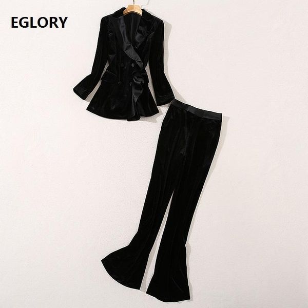 

women's two piece pants blazer sets 2021 autumn winter business suit women notched collar ruffle floral jacket+flare leg pant se, White