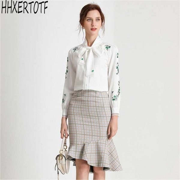 

spring temperament women's bowknot sequin embroidered shirt +fashion irregular fishtail skirt two piece sets 210531, White