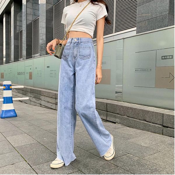 

women's jeans woman wide leg casual loose high waist directly canister spring autumn cotton denim pants vintage trousers female, Blue