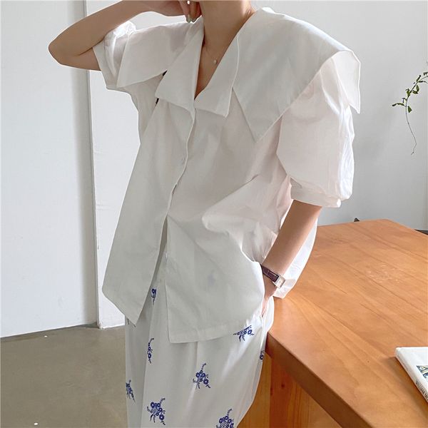 

2021 women vintage stylish office lady lapel new retro short sleeves korean chic streetwear outwear shirts all match qm1w, White