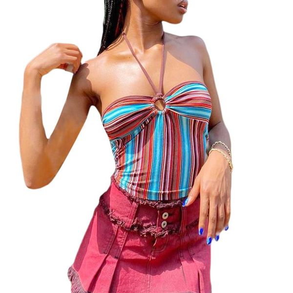 

women's tanks & camis women halter cami casual fashion , bohemian sleeveless summer streetwear stripes print ring front slim fit camiso, White