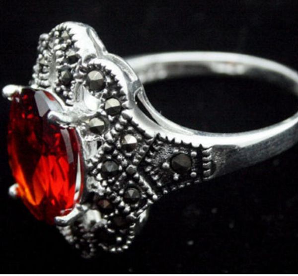 

cluster rings 925 s silver 17*22mm faceted red marcasite ring size 7/8/9/10 anniverary gift, Golden;silver