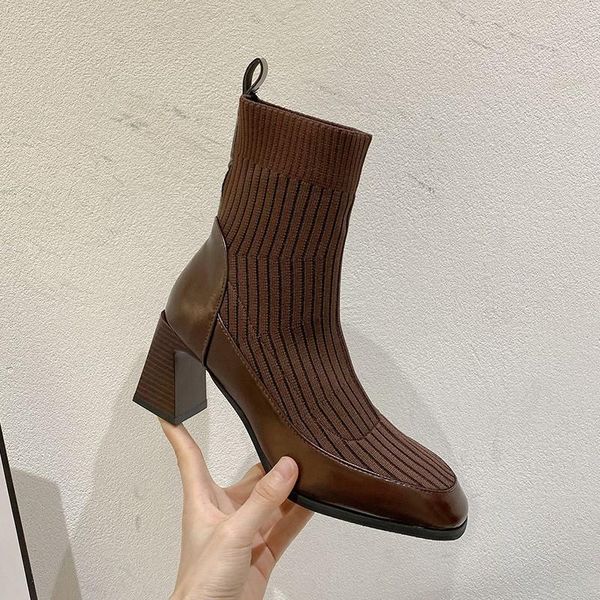 

boots 2021 personality square heel socks fashion thick stretch cloth women high heels handmade, Black