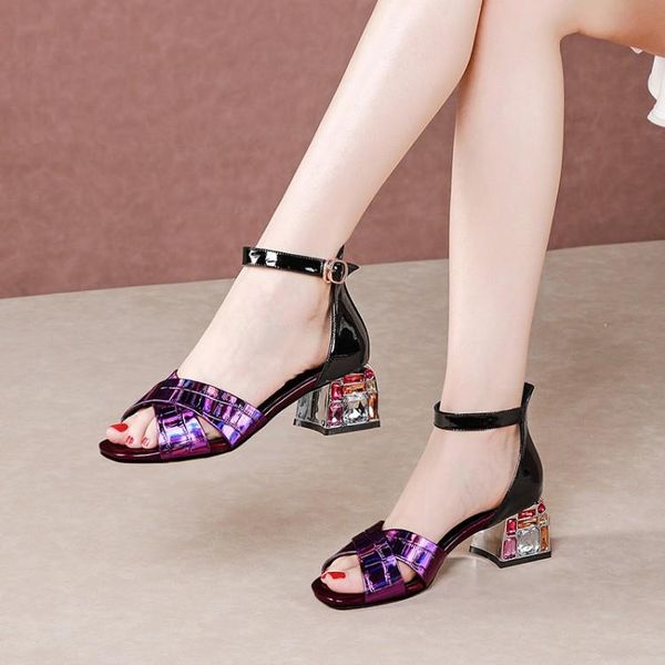 

dress shoes mljuese 2021 women sandals cow leather open toe purple color crystal heel buckle strap high heels beaches size 42, Black