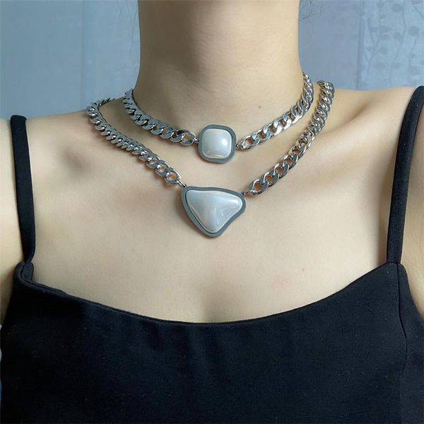 

pendant necklaces tk24 ins wild titanium steel thick chain love triangle pearl necklace female clavicle simple choker, Silver