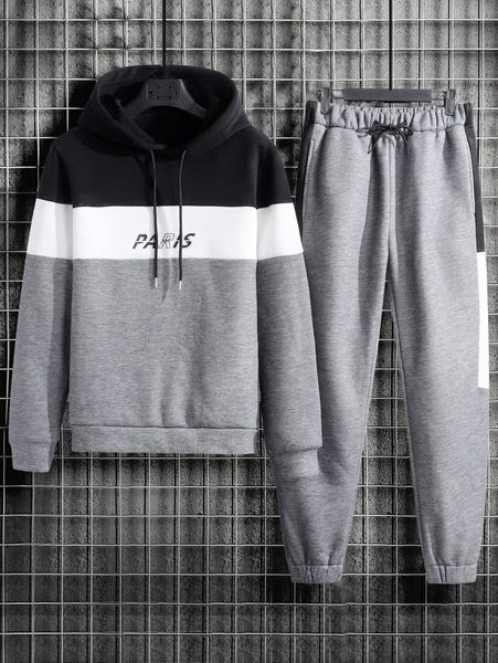 

men color block letter graphic drawstring thermal hoodie & sweatpants i9ky#, Gray