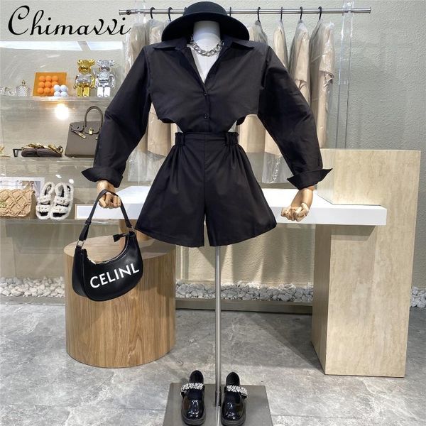 

women's tracksuits midriff irregular long sleeve casual loose black shirt high waist side elastic wide leg shorts women two pieces shor, Gray