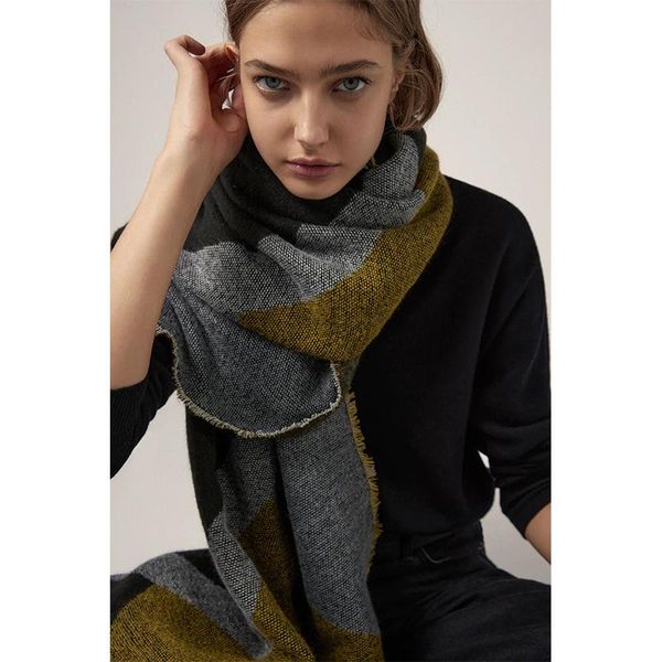

scarves women wool blended scarf geometric double-sided shawl, Blue;gray