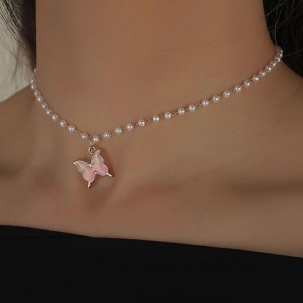 

chokers sweet romantic pink butterfly pendant imitation pearl short necklace for women cherry small daisy clavicle jewelry, Golden;silver