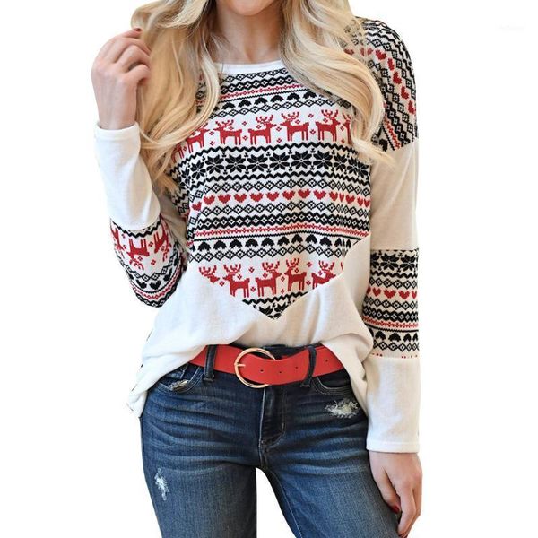 

women lady long sleeve round neck christmas santa print sweater jumper winter pullover fit casual slim reindeer plus size women's blou, White