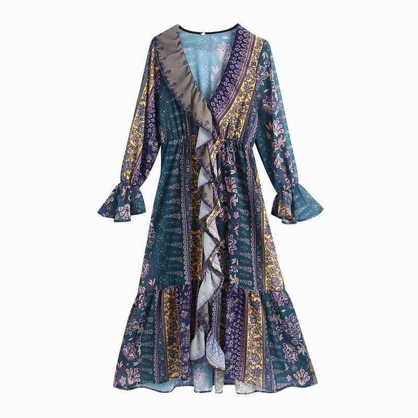 Vintage Women Dress Spring Fashion Prints Manica lunga con scollo a V Ruffles Modern Lady Mid-Calf Vestido 210602