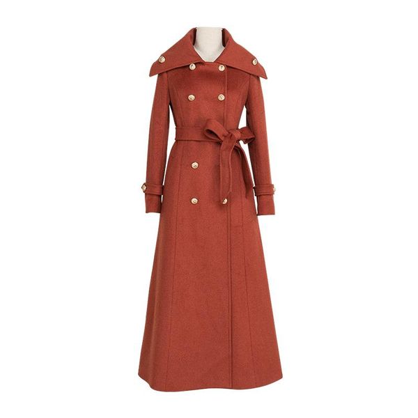 

women's wool & blends turn down collar women coat with belt double breasted cashmere long trendy female, Black