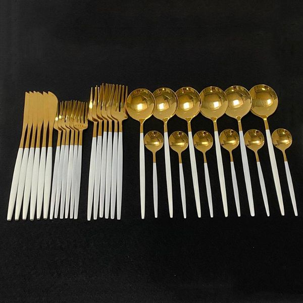 

flatware sets 30pcs white gold cutlery set 18/10 stainless steel dinnerware dinner knife dessert fork spoon kitchen tableware