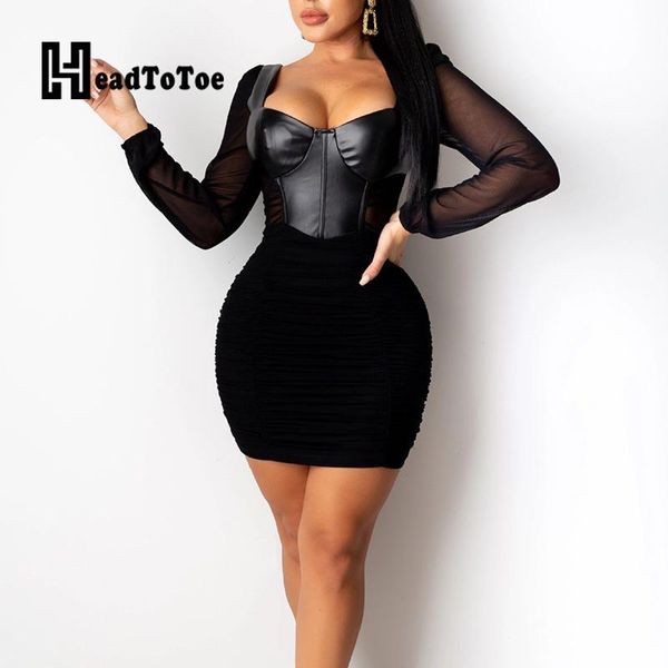 

casual dresses pu leather ruched mesh wrap party dress women square neck long sleeve bodycon club, Black;gray