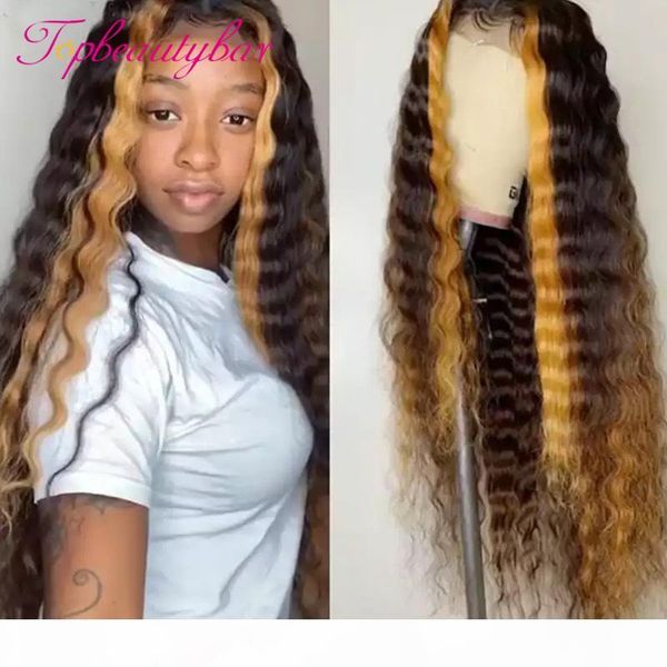 

blond highlight 13x6x1 lace front human hair wigs with baby hair highlight honey blonde brazilian deep wave remy human wigs, Black;brown
