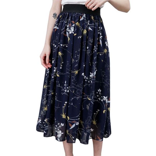 

skirts 2021 oversize women summer chiffon printed skirt elastic waist double layer elegant lady plus size 4xl-8xl g980, Black