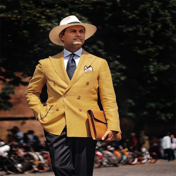 

bright two pieces custom made formal spring suits double breasted tuxedos peaked lapel blazer business yellow coat+black pant, Black;gray