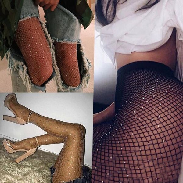 

socks & hosiery 1 pcs elastic stockings fashion crystal fish net tights rhinestone pantyhose, Black;white