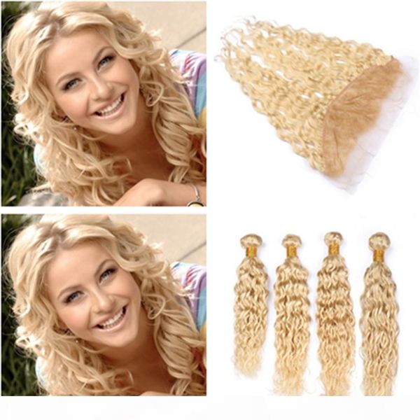 

wet and wavy #613 blonde malaysian human hair wefts with frontal water wave blonde virgin hair bundles 4pcs with 13x4 frontal lace closure, Black;brown