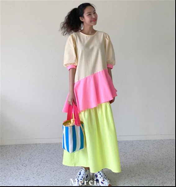 

2021 new arrivals women summer dress femme color blocking korean chic o neck short sleeved long length dresses verano, Black;gray