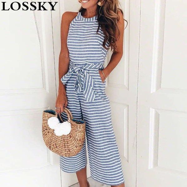

women's jumpsuits & rompers casual striped print jumpsuit women sleeveless belt bandage zipper pocket playsuits overalls wide leg pants, Black;white