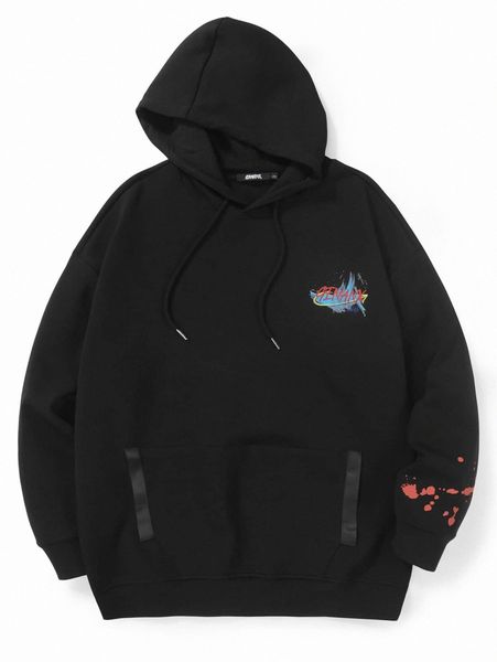 

men drop shoulder letter and cartoon graphic kangaroo pocket drawstring hoodie u28f#, Black