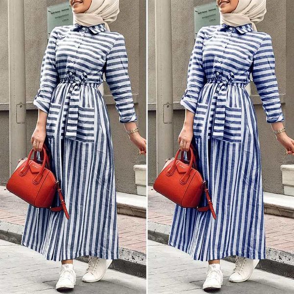 

elegant striped muslim dress women's autumn sundress zanzea 2021 casual long sleeve shirt vestidos female button lapel robe 5xl, Black;gray