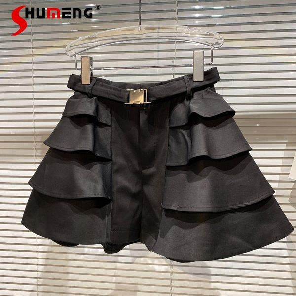 

women's pants & capris 2021 summer metal buckle belt multi-layer ruffled cake skirt lace shorts for women, Black;white