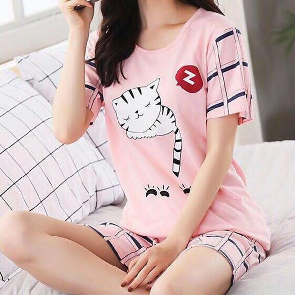 

women's tracksuits 1pc summer young girl short sleeve cotton pajamas for women cute nightshirt casual home service sleepwear -2xl, Gray