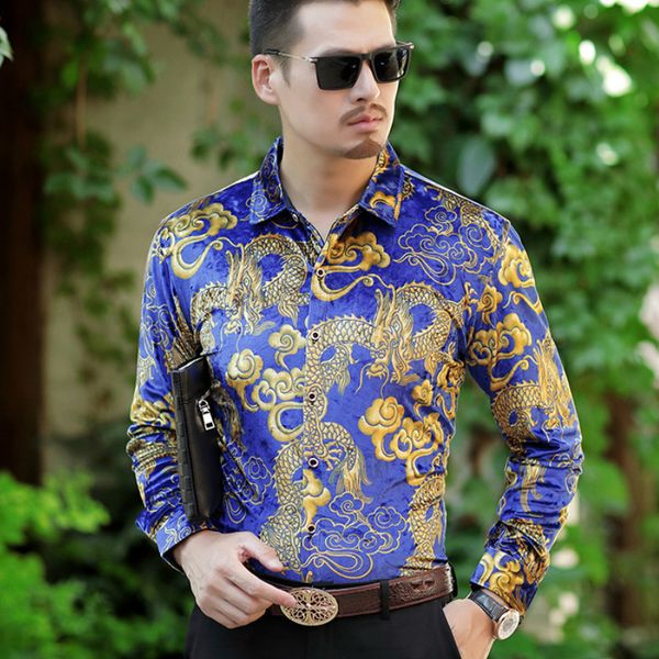 

men's luxury velvet sweater dragon print casual fine fitting sleeve shirts of dress streetwear social blouse vuea, White;black