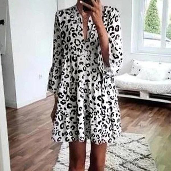 

casual dresses boho women's holiday leopard print v-neck full sleeve short dress ladies summer beach party vestidos feminina, Black;gray