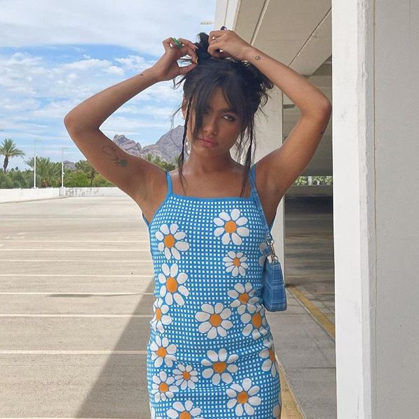 

women's swimwear flower print mini bodycon dress women 2021 sleeveless backless lace-up kawaii clothes plaid dresses beach wear sundres, White;black