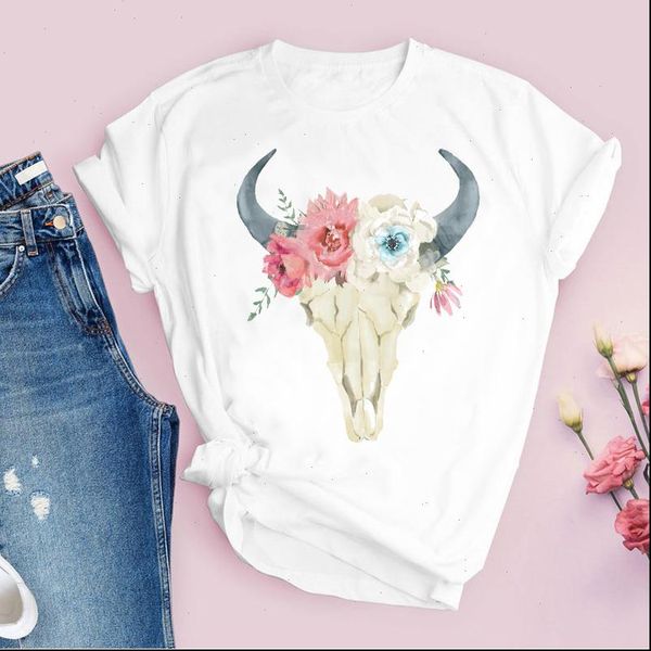 

women graphic heifer skull 90s short sleeve floral flower cute printed lady tees clothing female t shirt womens, White
