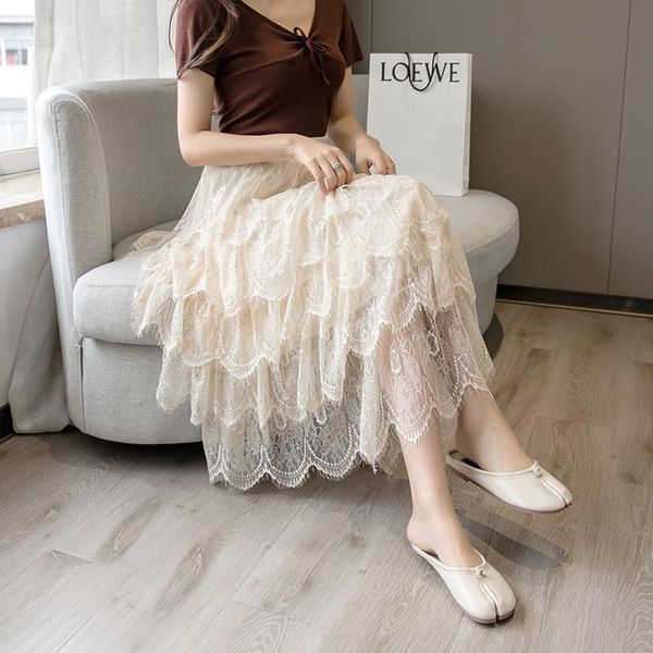 

skirts maxi chiffon skirt women 2021 elastic high waist cake long female lady black bottoms korean style lace