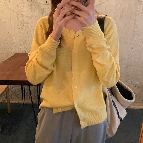 

2021 new 4 colors korean style thin wave neck knitted sweaters cardigan soft loose long sleeve womens (ws298) q2cf, White;black