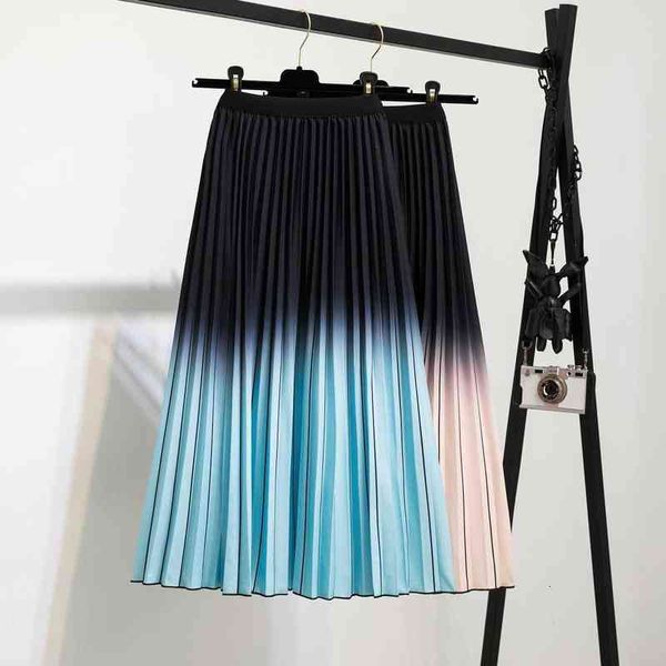 

skirts 2022 digital printed medium length pleated skirt elastic waist, Black