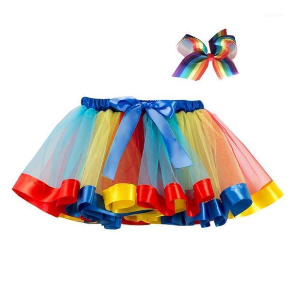 

skirts girls summer mesh rainbow color matching high waist skirt short pleated sweet skirt+hairband1, Blue