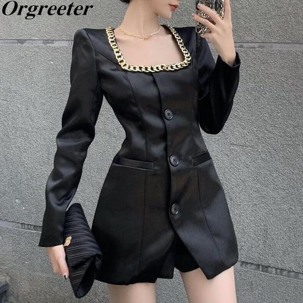 

women's tracksuits patchwork chain blazer suits female satin square collar long sleeve jacket +high waist shorts two piece set women au, Gray