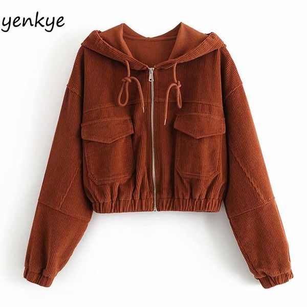 

vintage solid corduroy jacket women long sleeve hooded zipper casual cropped jackets autumn outerwear plus size chaqueta, Black;brown