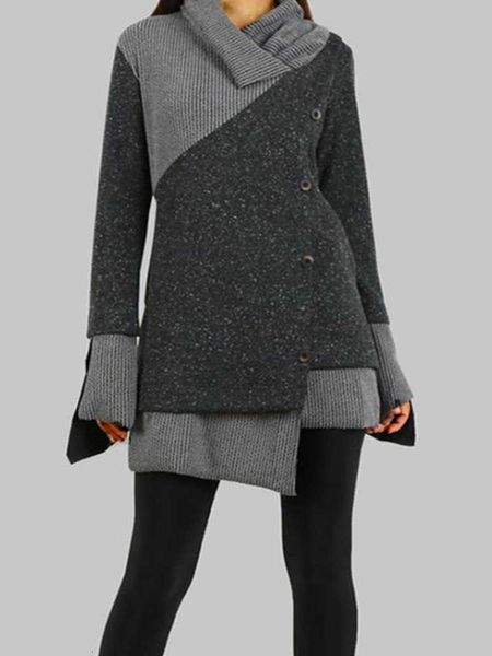 

dresses women's casual winter wool contrast irregular stitching long sve drs, Black;gray